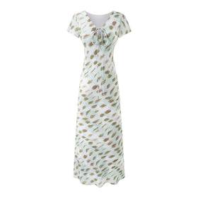 Summer Women Clothing Vacation Elegant V neck Lace up Short Sleeve Printed Dress