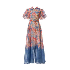 Women Summer Floral Short Sleeved Waist Long Dress