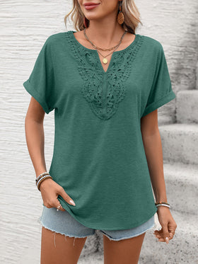 Women Clothing Spring Summer Solid Color V neck Lace Loose Short Sleeve T shirt Top