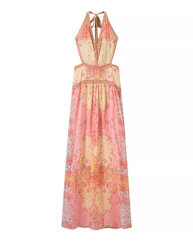 Halterneck Printed Tie Dye Dress Women Clothing Summer Stylish Printed Tie Dye Dress