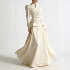 3D Floral Embroidered Peplum Top & Maxi Skirt Set(MS468)