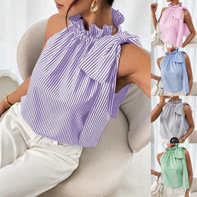Women's Striped Sleeveless Top – Ruffle High Neck Lace Trim Tie-Knot Bow Blouse