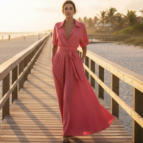 Women's Solid Color Waist-Slimming Maxi Dress — Flip Collar
