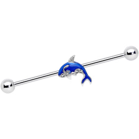 14G Clear Gem Sea Bling Blue Orca Whale Industrial Barbell 38mm