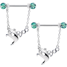14G 5/8 UV Ball Boo Ghost Halloween Chain Dangle Nipple Ring Set