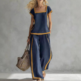 Women’s Square Neck Short Sleeve Two Piece Pants Set