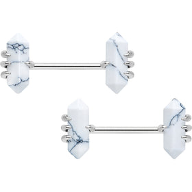 14G 9/16 White Howlite Stone Obelisks Barbell Nipple Ring Set