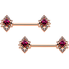 14G 9/16 Red Gem Rosy Tone Octogram Star Barbell Nipple Ring Set