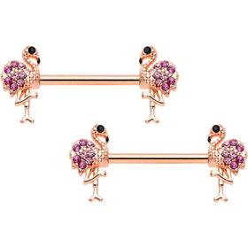 14G 9/16 Pink Gem Rose Gold Hue Fashion Flamingo Nipple Ring Set