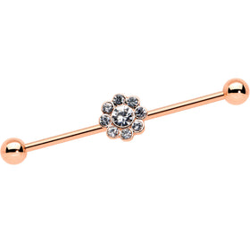 14G Clear Gem Rose Gold Hue Whimsy Flower Industrial Barbell 38mm