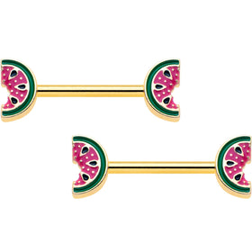 14G 9/16 Gold Tone Watermelon Bite Barbell Nipple Ring Set