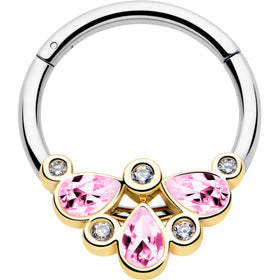 16G 3/8 Pink Gem Golden Crown Deluxe Hinged Segment Ring
