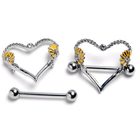 14G 9/16 Alluring Sparking Gem Floral Heart Nipple Shield Set