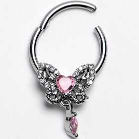 16G 3/8 Clear Gem Whimsical Butterfly Segment Ring with Dangle