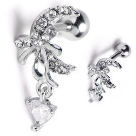 16G 1/4 Clear Gem Moon Bow Heart Dangle Cartilage Tragus Earring