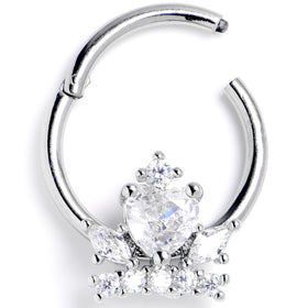 16G 3/8 Clear Gem Heart Crown Hinged Segment Ring