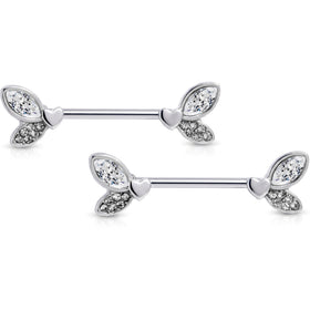 14G 9/16 Clear Gem Butterfly Lover Barbell Nipple Ring Set