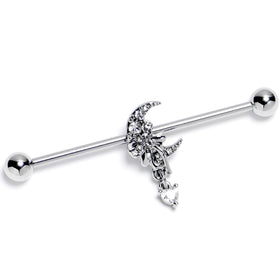 14G Clear CZ Gem Moon Bow Heart Dangle Industrial Barbell 38mm