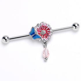 14G Pink Gem Passion Flower Butterfly Dangle Industrial Barbell 38mm