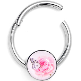 16G 3/8 Butterfly Pink Rose Hinged Segment Ring