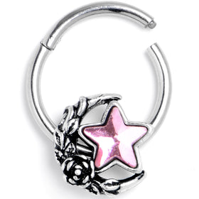16G 3/8 Pink Gem Ornate Moon Star Hinged Segment Ring