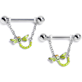 14G 9/16 Green Gem Glitter Dragonfly Dangle Nipple Ring Set