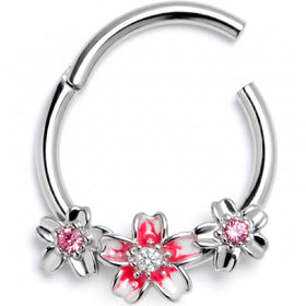 16G 3/8 Pink Clear Gem Perfect Flowers Hinged Segment Ring