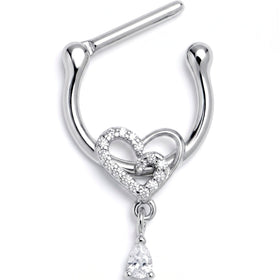 16G 5/16 Clear CZ Gem Asymmetrical Heart Dangle Cartilage Clicker