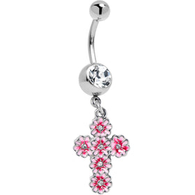 Clear Gem Perfectly Pink Flower Cross Dangle Belly Ring