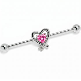 14G Pink CZ Gem Wrapped in Heart Industrial Barbell 38mm