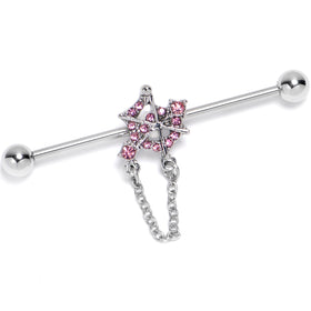 14G Pink Gem Spiderweb Chain Dangle Industrial Barbell 38mm