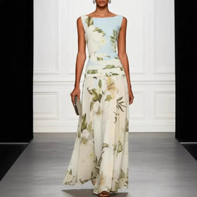 Women's Floral Print Sleeveless Backless Waist-Cinching Maxi Dress