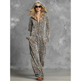Leopard Print Petal Sleeve Hooded Wide Leg Jumpsuit