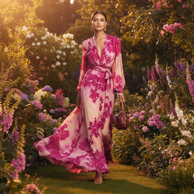 Women's Printed Chiffon Long Sleeve V-Neck Tie-Up Maxi Dress — Floral Fairy Dress