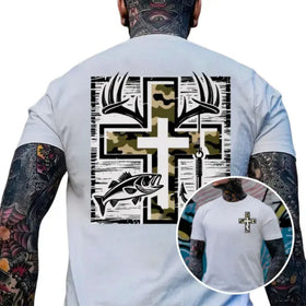 Faithful Outdoorsmen T-Shirt - Southern-Style Fishing & Hunting Tee, Camo Cross & Bass Apparel