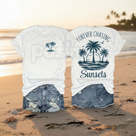 "Forever Chasing Sunsets" Graphic T-Shirt - Aesthetic Nature Adventure Tee, Premium 100% Cotton Wanderlust Top, Retro Golden Hour Beach Shirt, Inspirational Sunset Lover Gift, Soft Lived-In Summer Travel Apparel