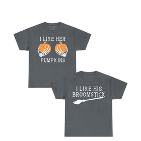 Halloween Couple T-Shirts – I Like Her Pumpkins / I Like His Broomstick