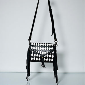 CHECKERED TOOLED LEATHER FRINGE CROSSBODY BAG
