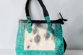 TURQUOISE TOOLED LEATHER & COWHIDE SHOULDER BAG