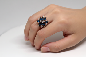 Blue Sapphire & Rhinestones Cluster Cocktail Ring