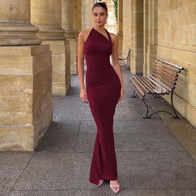 Slim Fit Maxi Dress Summer Solid Color Halter Pleated Sexy Backless Dress