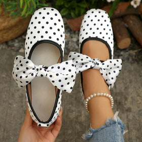 Black White Polka Dot Shallow Mouth Pumps Women Bow Mary Jane Ballet Breathable Boat Shoes