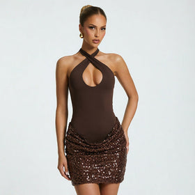 Women Clothing Autumn Solid Color Sleeveless Cross Halterneck Lace Up Hem Sequin Short Dress