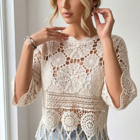 Crocheted Hollow Out Cutout Sweater Women Solid Color Beach Beach Cover Up Skin Friendly Tassel Casual Top