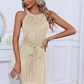 Women Clothing Sequ Dress Half Halter Collar Sleeveless Sparkling Dress