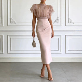 Fashionable Sheer Mesh Lace up Waist Controlled Top Strap Sheath Dress