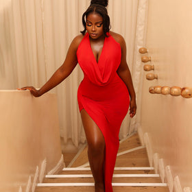 Women Clothing Solid Color Pleated Slimming Side Slit Hip Dress Swing Collar Sleeveless Long Trendy Dress