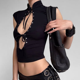 Summer Sexy Women Clothing Stand Collar Chest Hollow Out Cutout out Strap Sexy Solid Color Sleeveless Top Short