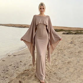 Sexy Adult Lady like Woman Elegant Batwing Sleeve Shawl Strap Backless Cami Dress Two Piece Set for Women