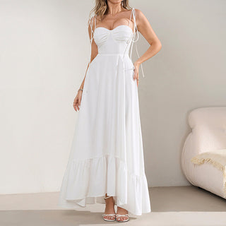 Fashionable Elegant Summer Suspender Tied Dress Sexy Backless Solid Color Pleated Large Swing Dress
